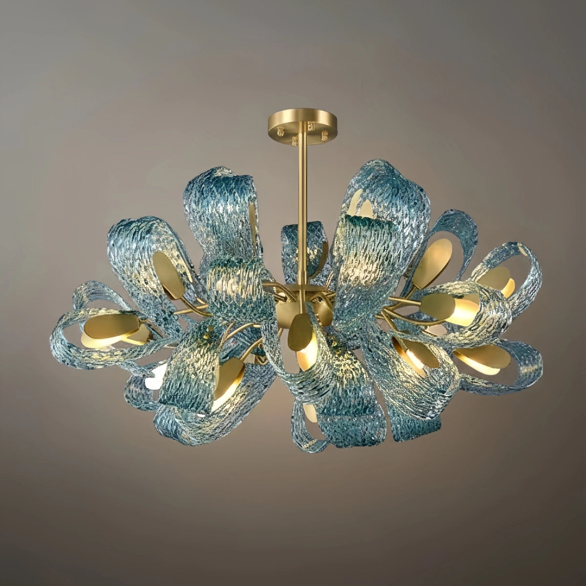 Art Deko Pfau Kronleuchter – Blaues Feder Kunstglas Zeitgenössisch für Esszimmer Schlafzimmer