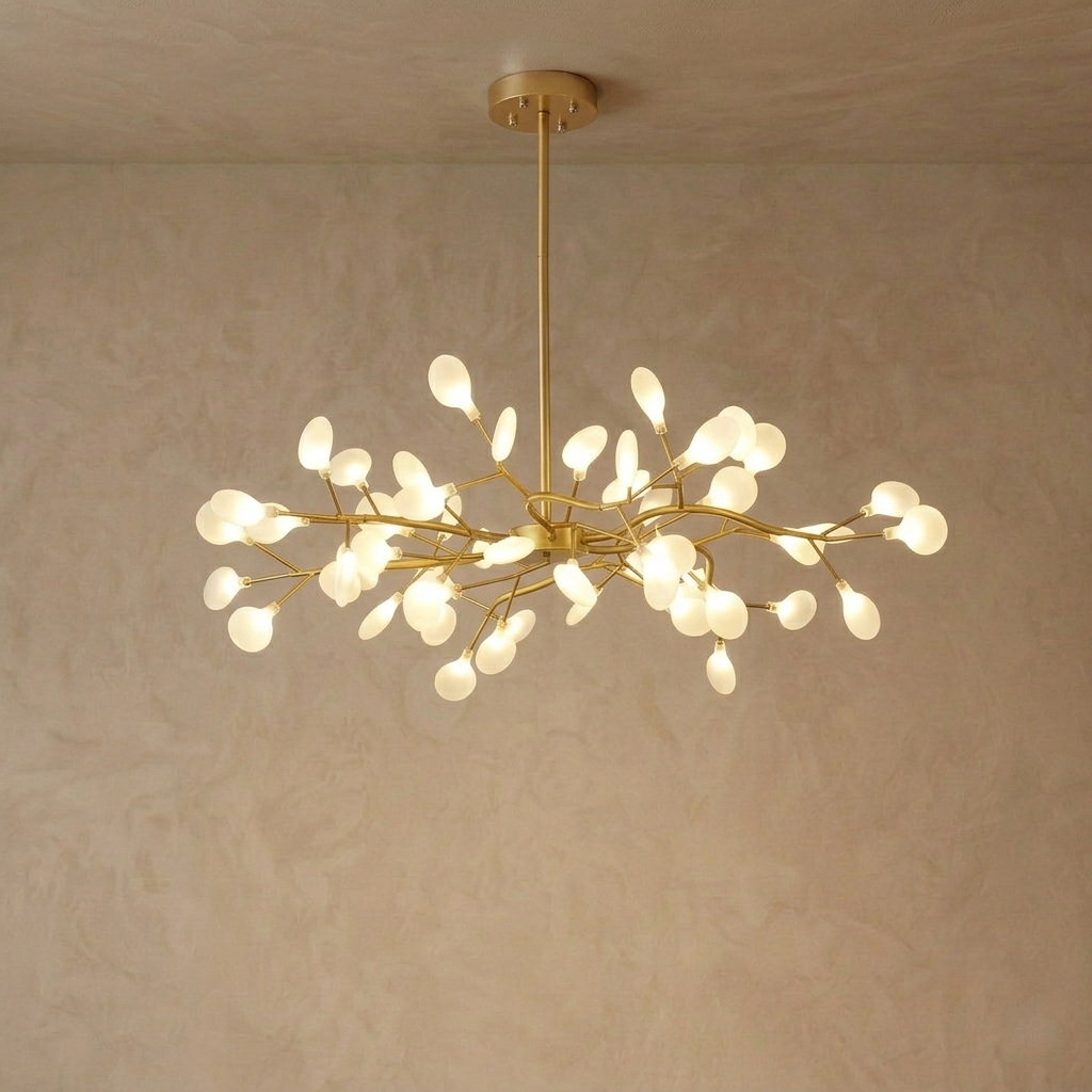 Excelis Art-Deco-Kronleuchter – Ast- und Glühwürmchen-Design in Schwarz/Gold für Ess-/Wohnzimmer