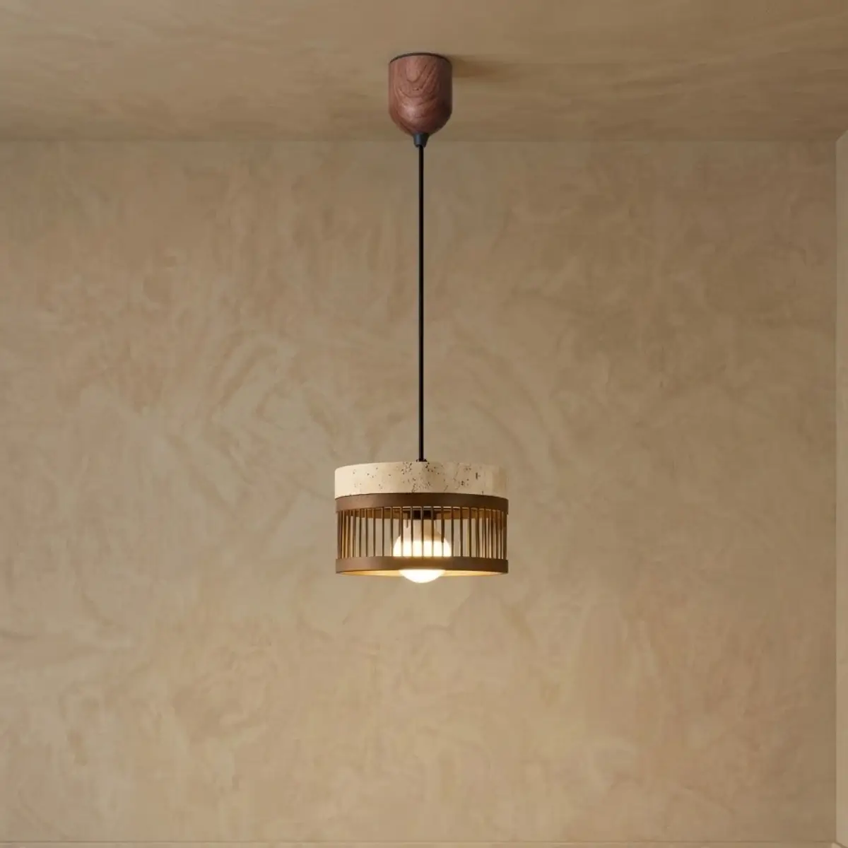 Strata Wabi-sabi Pendant Light --Travertine & Solid Wood Brown for Dining Room