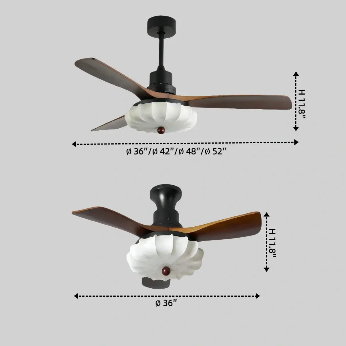 Moderne Deckenventilator-Leuchte – Lotus-Stoffschirm & Walnussholzflügel für Schlafzimmer