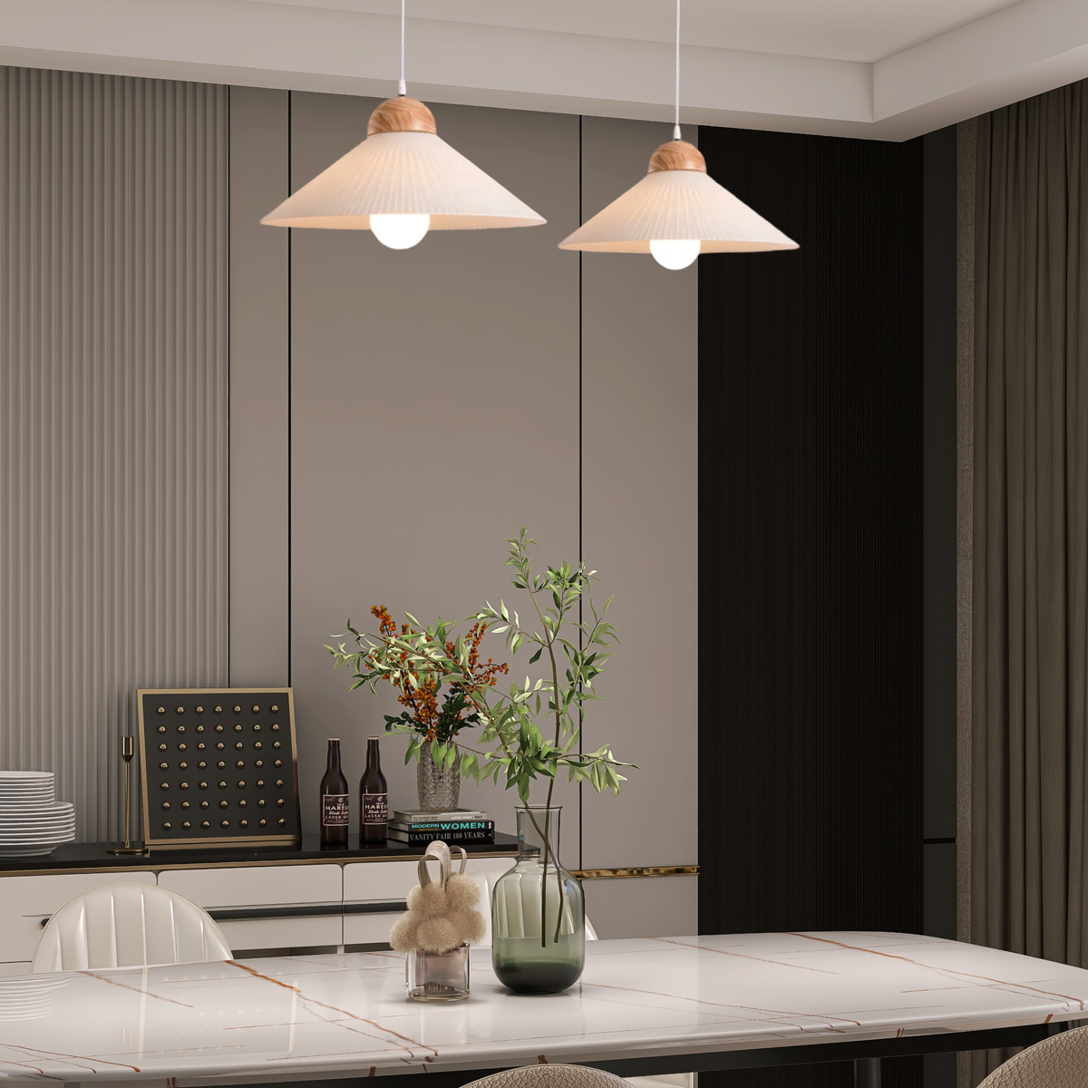 Wood & Glass Pendant Light — Brown Conical Shade for Dining Room