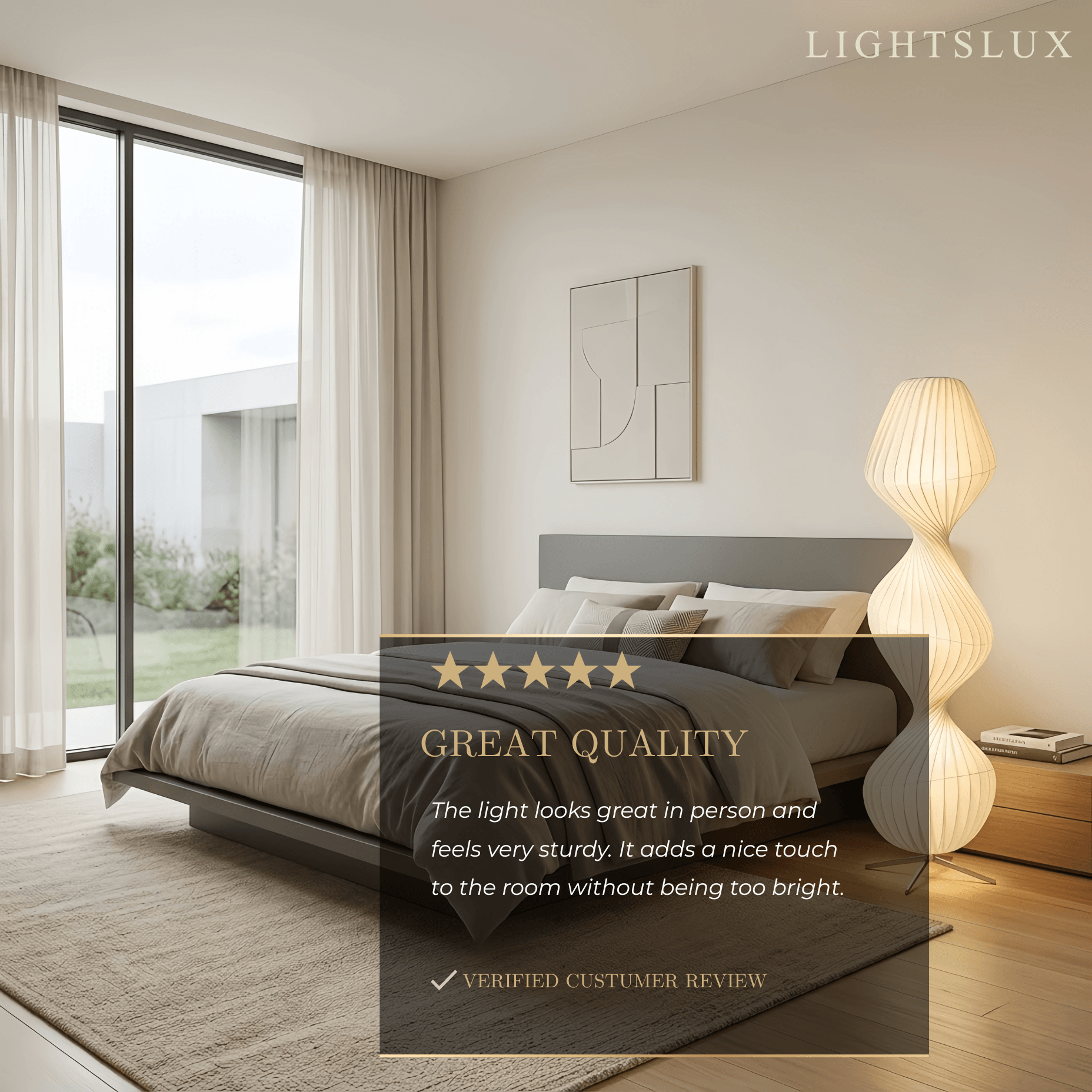 Zenno Art-Deco-Stehlampe – Weißer, plissierter Stoff & Metall fürs Schlafzimmer