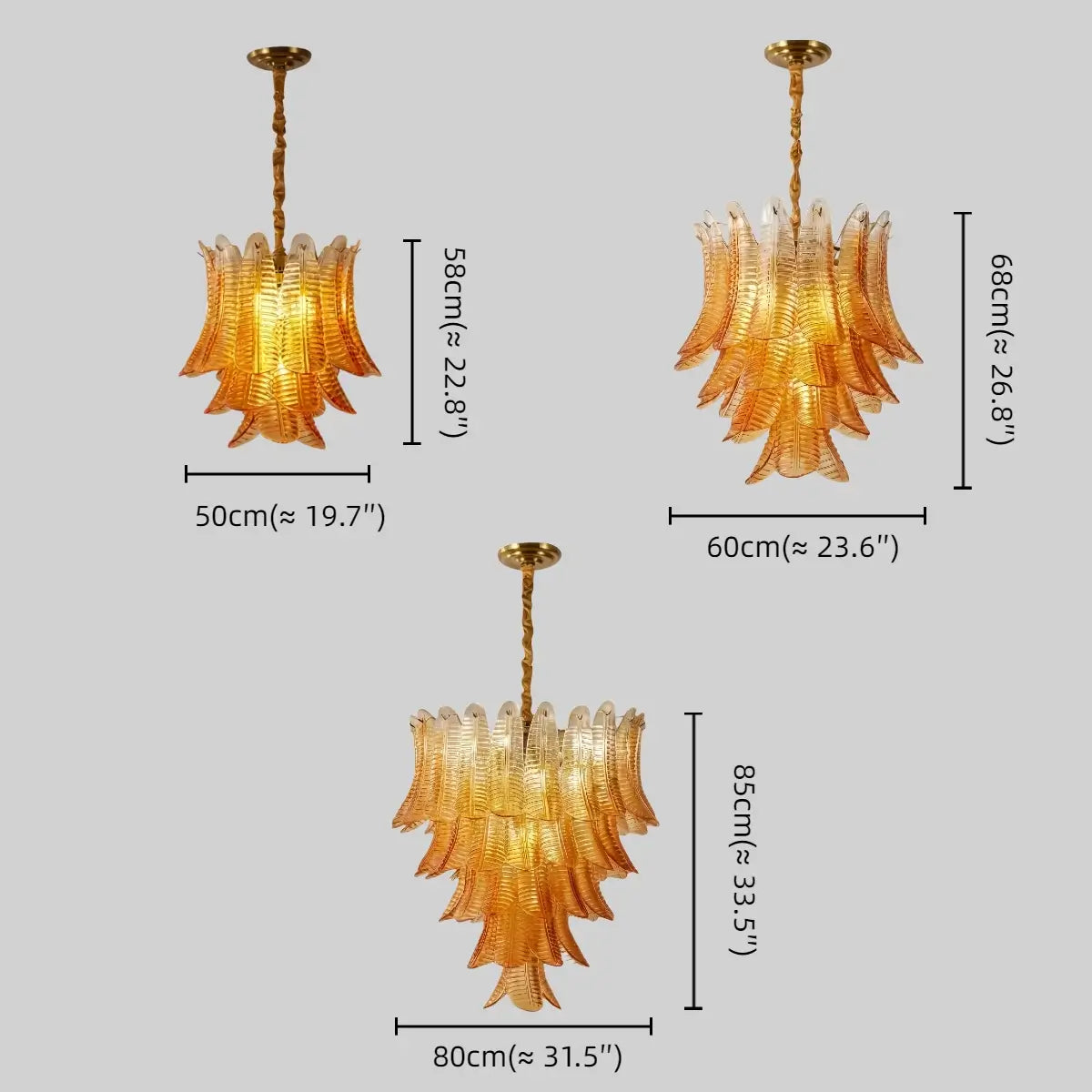 Excelis Luxury Glass Chandelier -- Amber Cascading Leaves for Dining Room Size