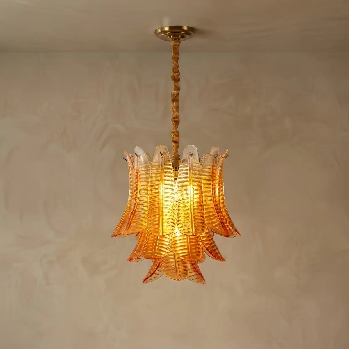 Excelis Luxury Glass Chandelier -- Amber Cascading Leaves for Dining Room