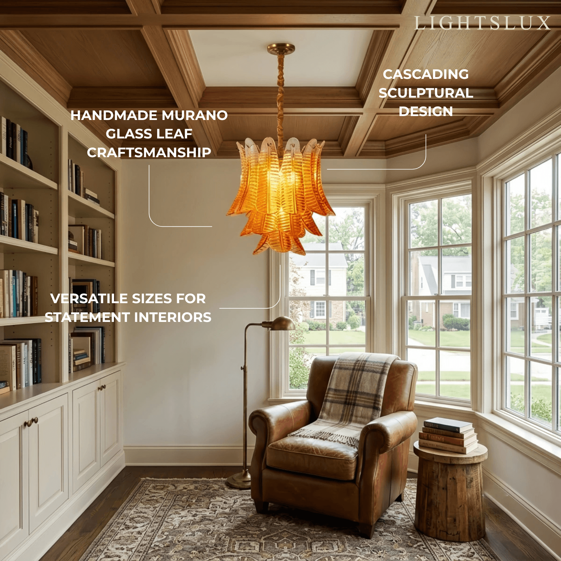 Excelis Luxury Glass Chandelier -- Amber Cascading Leaves for Dining Room