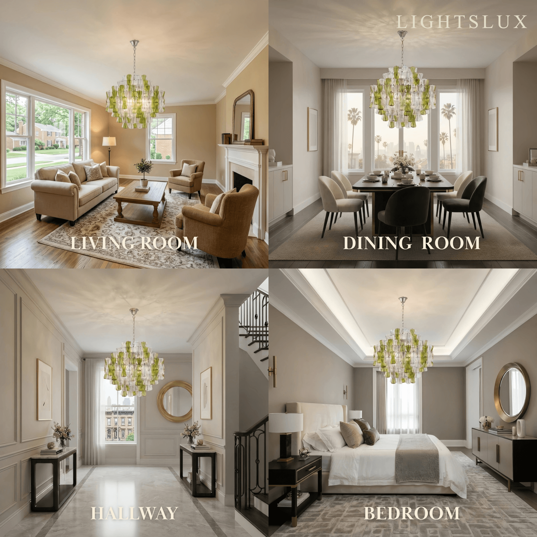 Excelis Luxury Glass Chandelier -- Clear & Green Hourglass Indoor