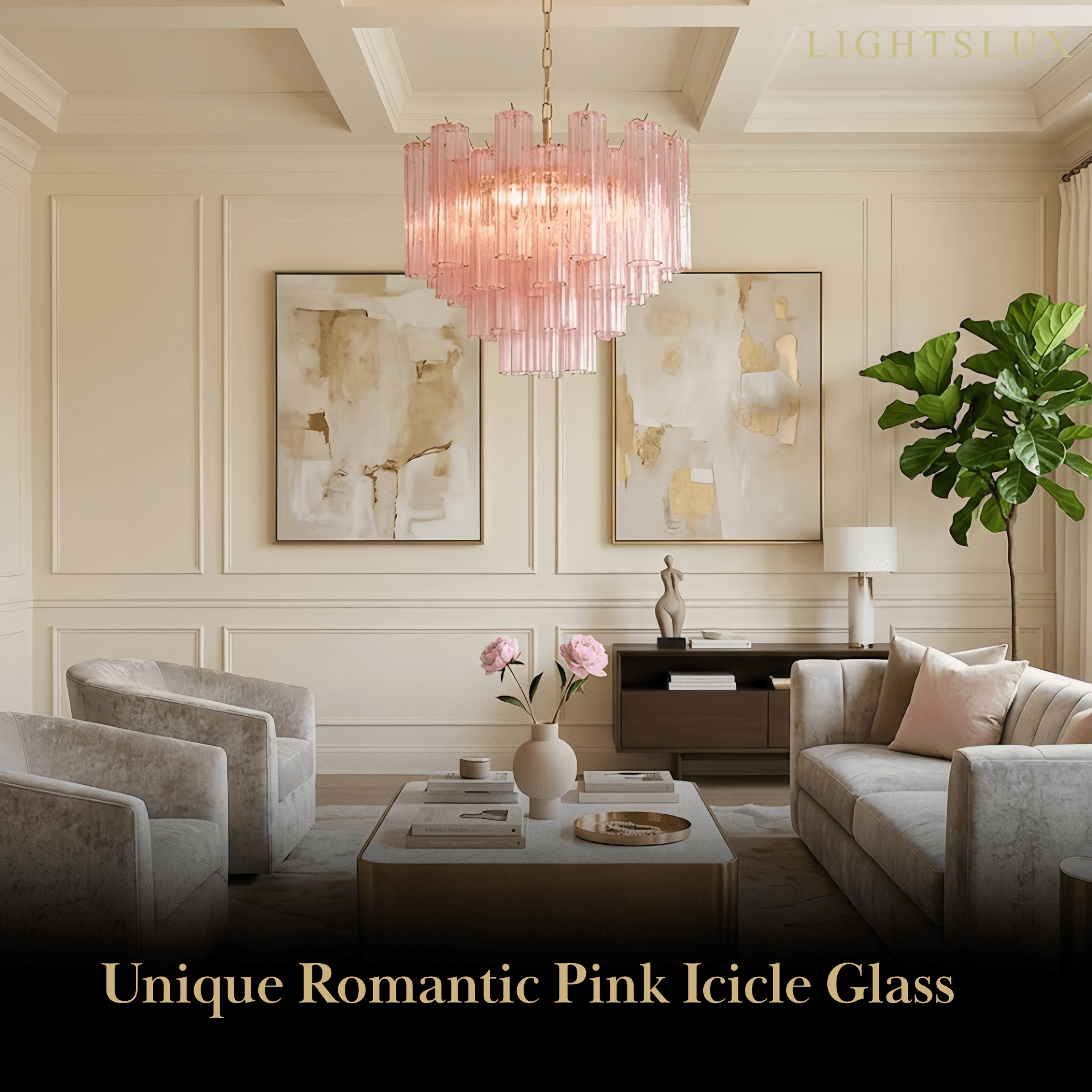 Vetro Art Deco Chandelier - Glass Iron with Tri-color LED - Pink Gold for Living Room
