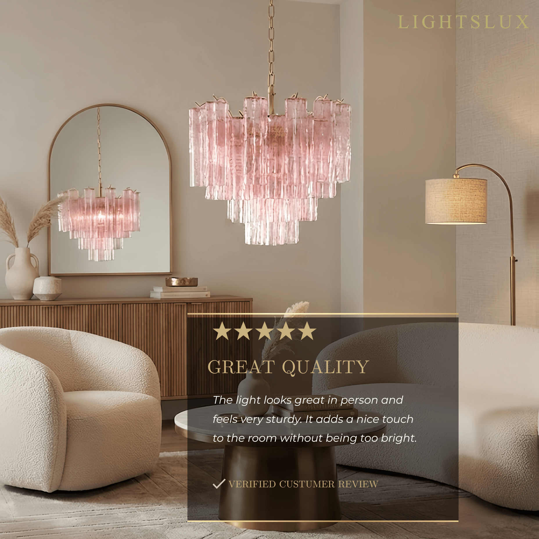 Vetro Art Deco Chandelier - Glass Iron with Tri-color LED - Pink Gold for Bedroom Study Room