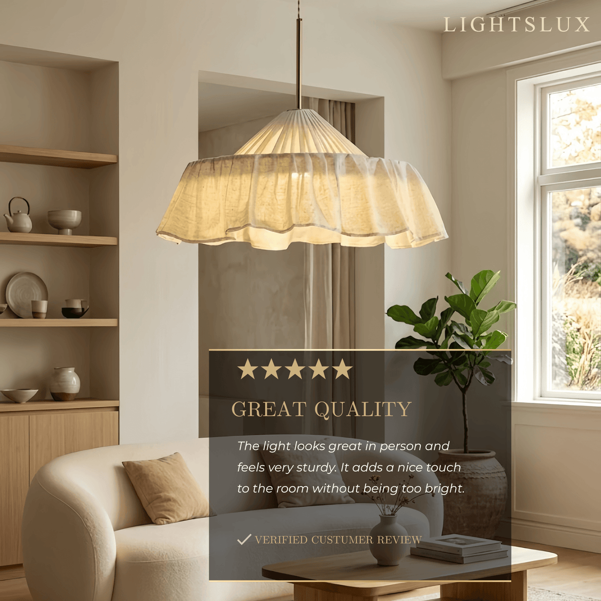 Velora Elegant Fabric Pendant Lamp -- Beige Pleated for Bedroom3