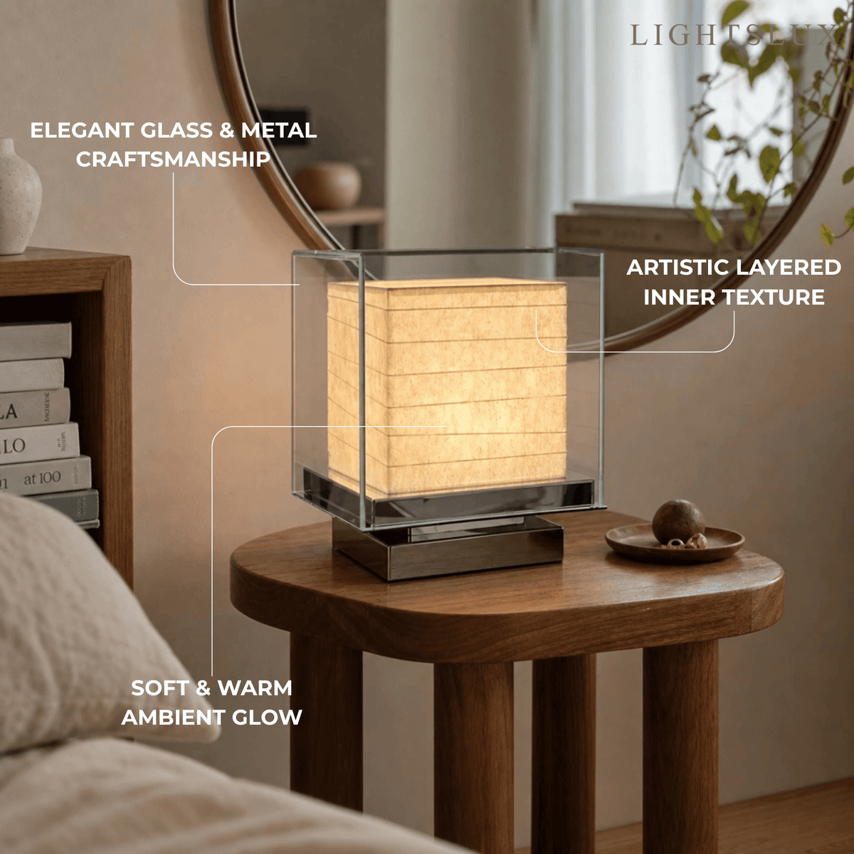 Lunara Minimalist Paper Table Lamp -- Metal Frame with Tri-Color Dimming for Bedroom
