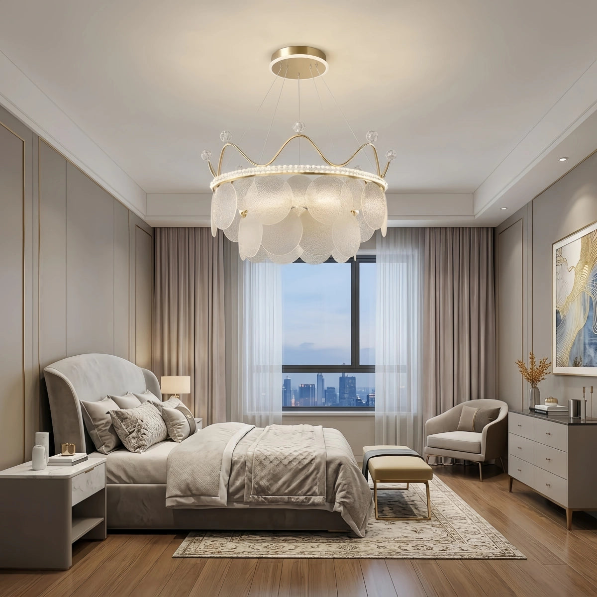 Excelis Elegant Crown-inspired Pendant Light -- Water-ripple Glass & Crystal Gold Bedroom