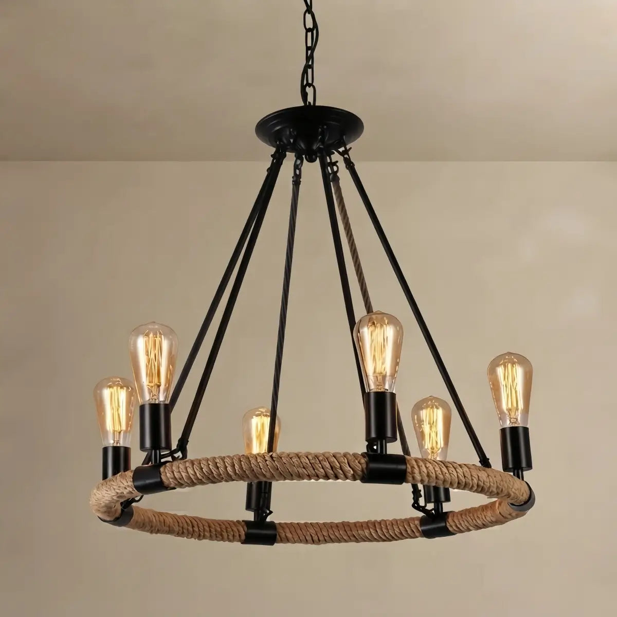 JUN107Irondale Industrial Hemp Rope Chandelier – Black Metal & Rope for Dining Room