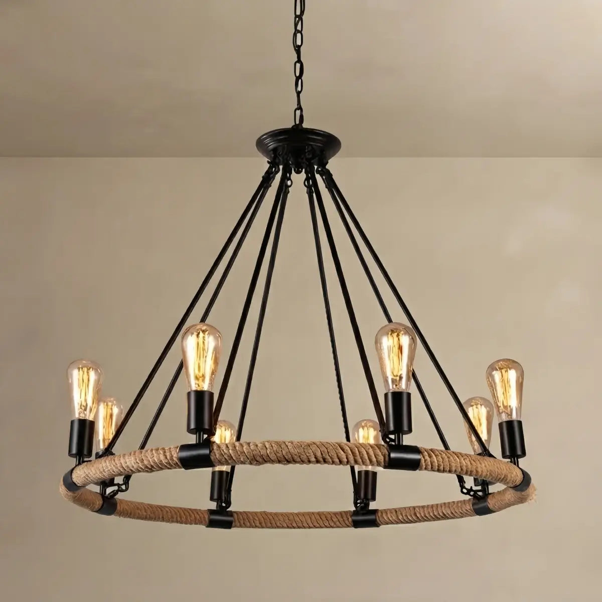 JUN107Irondale Industrial Hemp Rope Chandelier – Black Metal & Rope for Dining Room