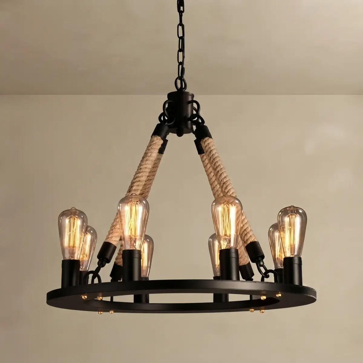 JUN107Irondale Industrial Hemp Rope Chandelier – Black Metal & Rope for Dining Room