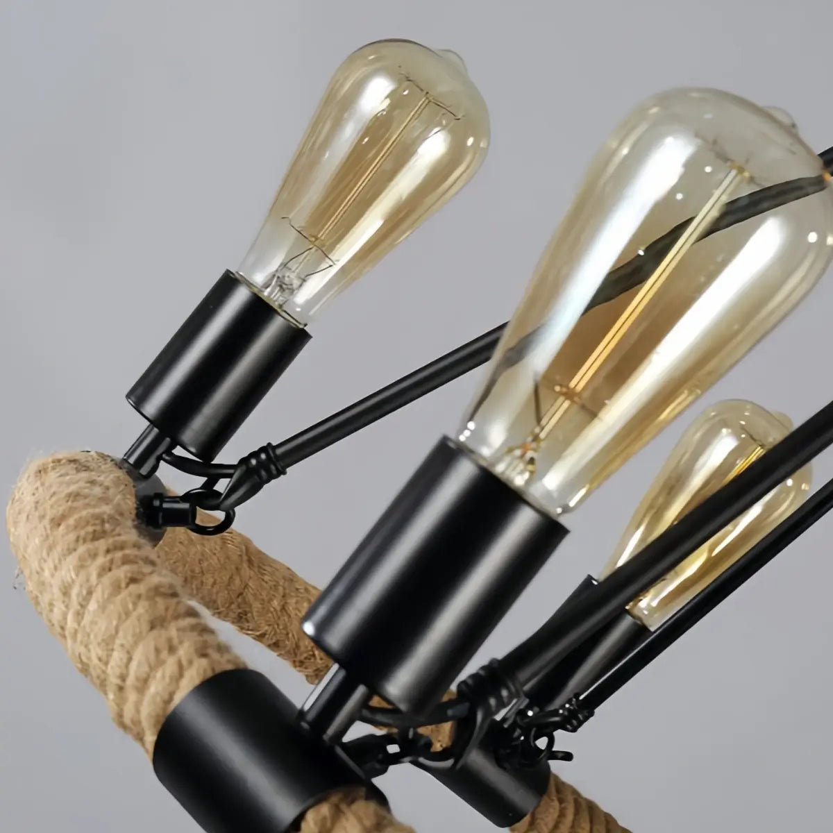 JUN107Irondale Industrial Hemp Rope Chandelier – Black Metal & Rope for Dining Room