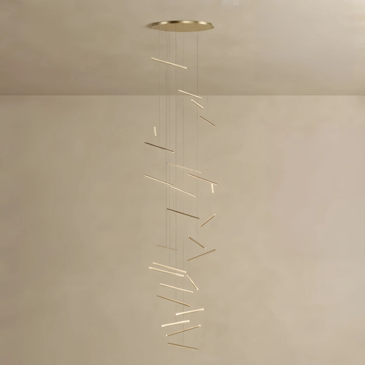 Nebula Luxury Flowing Gold Chandelier – Metallic Acrylic Rods Sculptural Cascade for Staircase