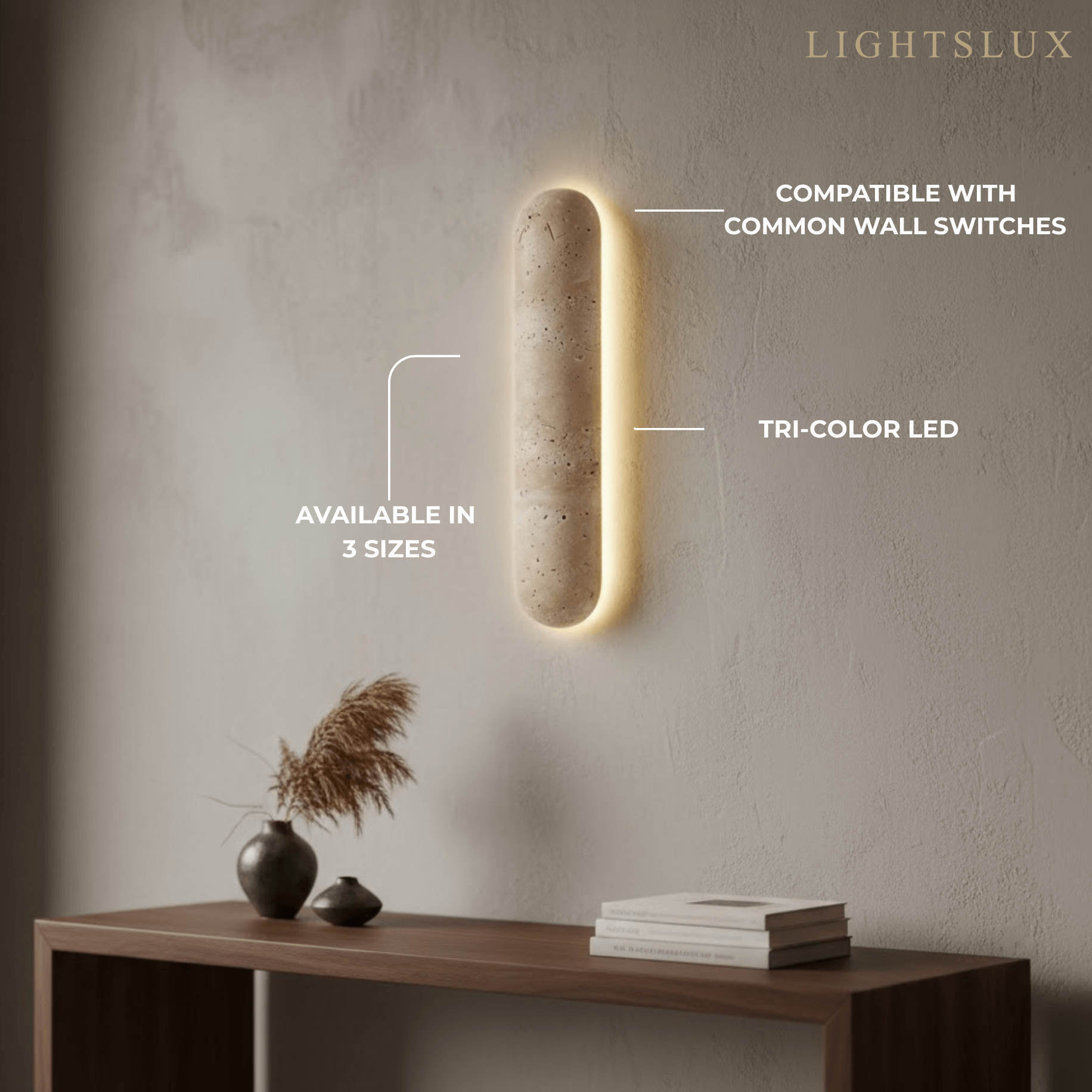 Travertine Pillar Wall Lamp — Slender Carved Stone with Back Glow