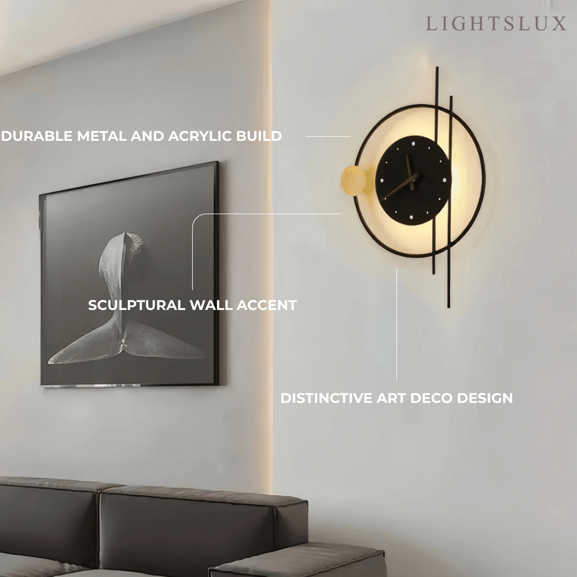Irondale Art Deco Wall Lamp – Black/Gold Clock-Inspired Design for Living Room