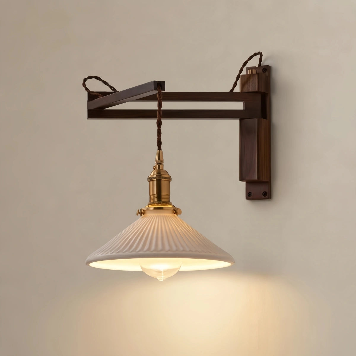 Irondale Vintage Conical Wall Lamp — Walnut Wood & Ceramic Shade for Bedroom