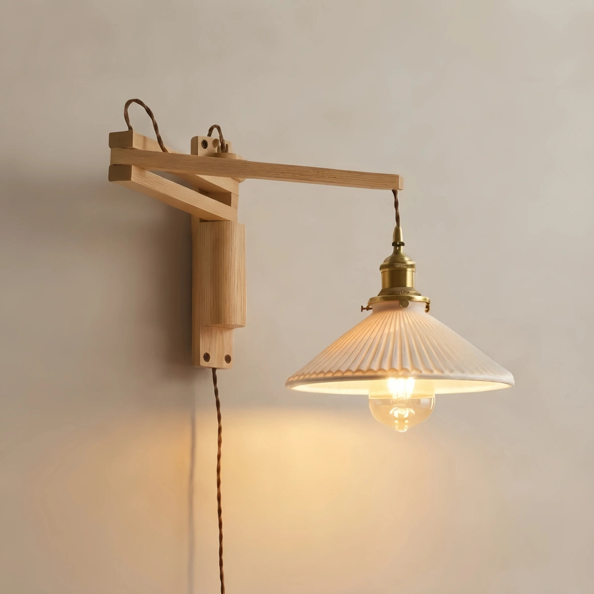 Irondale Vintage Conical Wall Lamp — Walnut Wood & Ceramic Shade for Bedroom