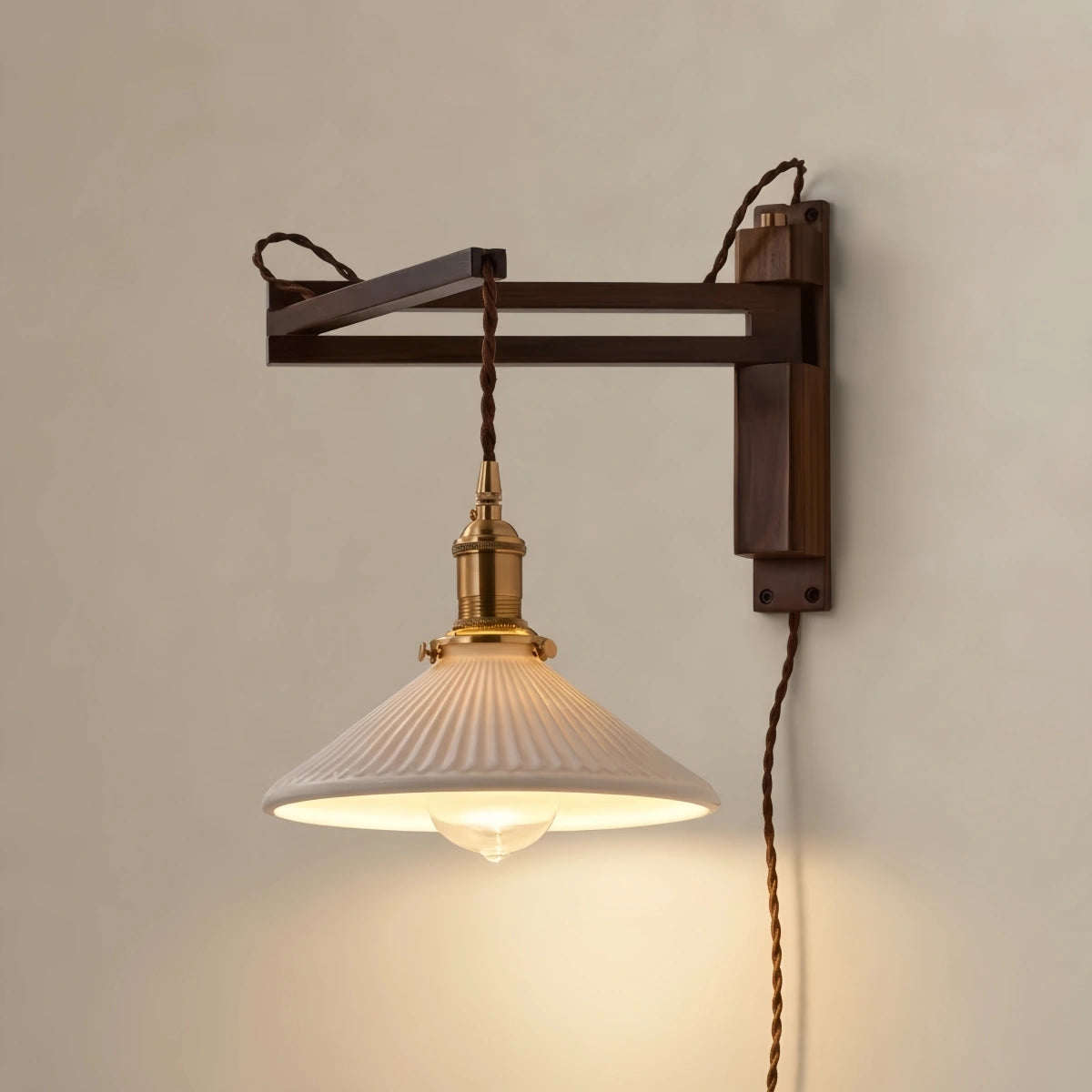Irondale Vintage Conical Wall Lamp — Walnut Wood & Ceramic Shade for Bedroom