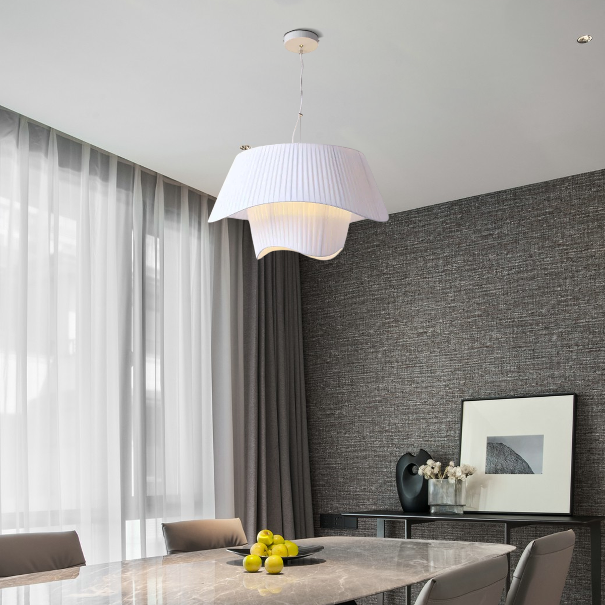 Pendant Light — White Metal Frame with Asymmetric Shade for Dining Room