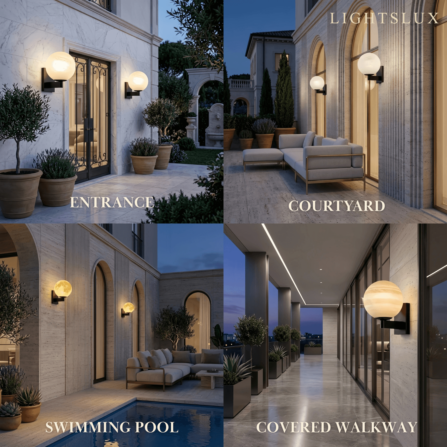 Art Deco Planet Wall Light -- Stainless Steel & Glass, Black/Beige for Outdoor