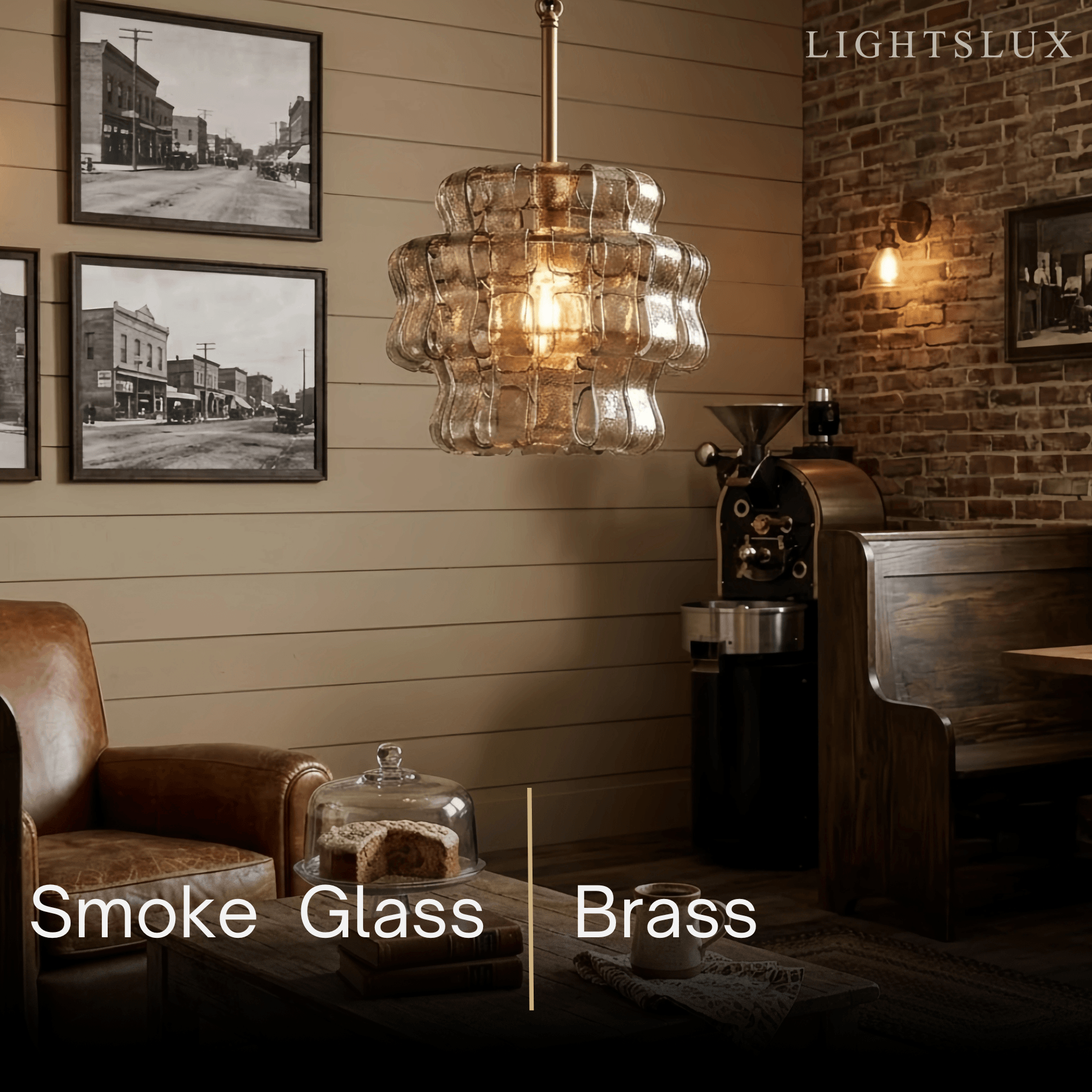 Art Deco Pendant Light -- Curved Textured Glass & Electroplated Brass