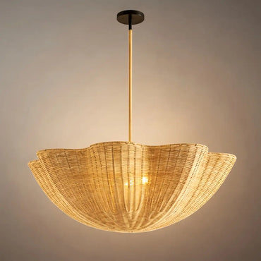Modern Pendant Light - Scalloped Woven Rattan & Iron for Dining Room