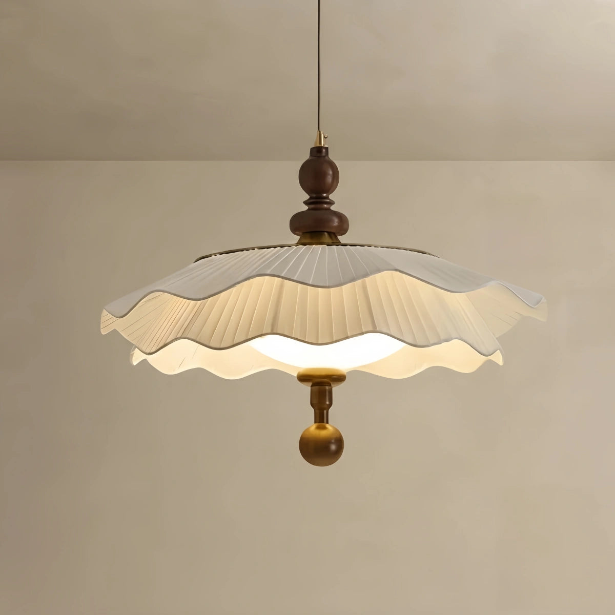 Velora Modern Pleated Fabric Pendant Light– Wood Walnut White for Dining Room/Bedroom