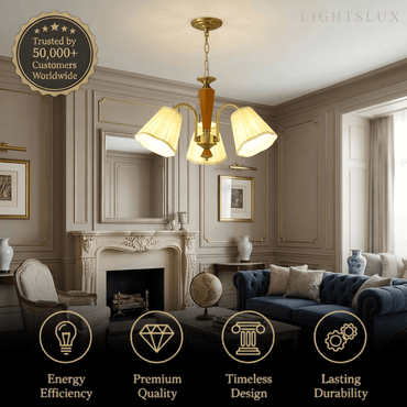 Modern Ceiling Lingt — Metal, Fabric & Walnut Wood with Gold & Walnut