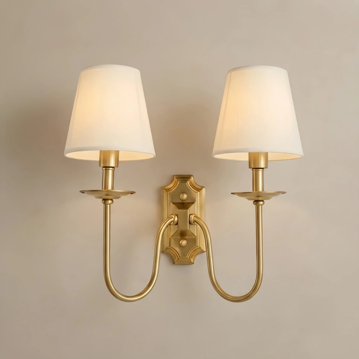 Lunara Classic Brass Wall Lamp with White Fabric Bell Shades – for Bedroom or Living Room