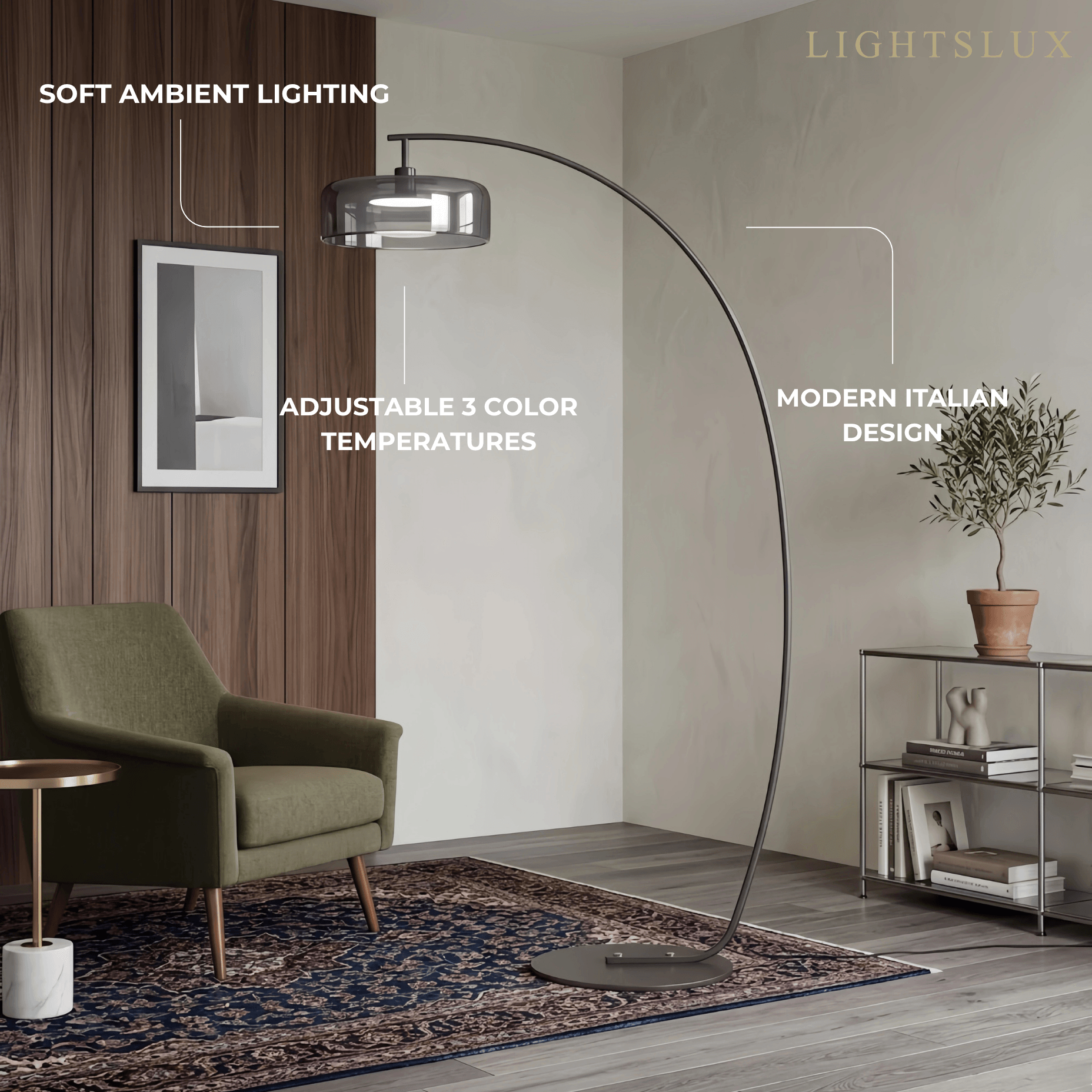 Modern Floor Lamp -- Iron & Glass Amber or Smoky Grey