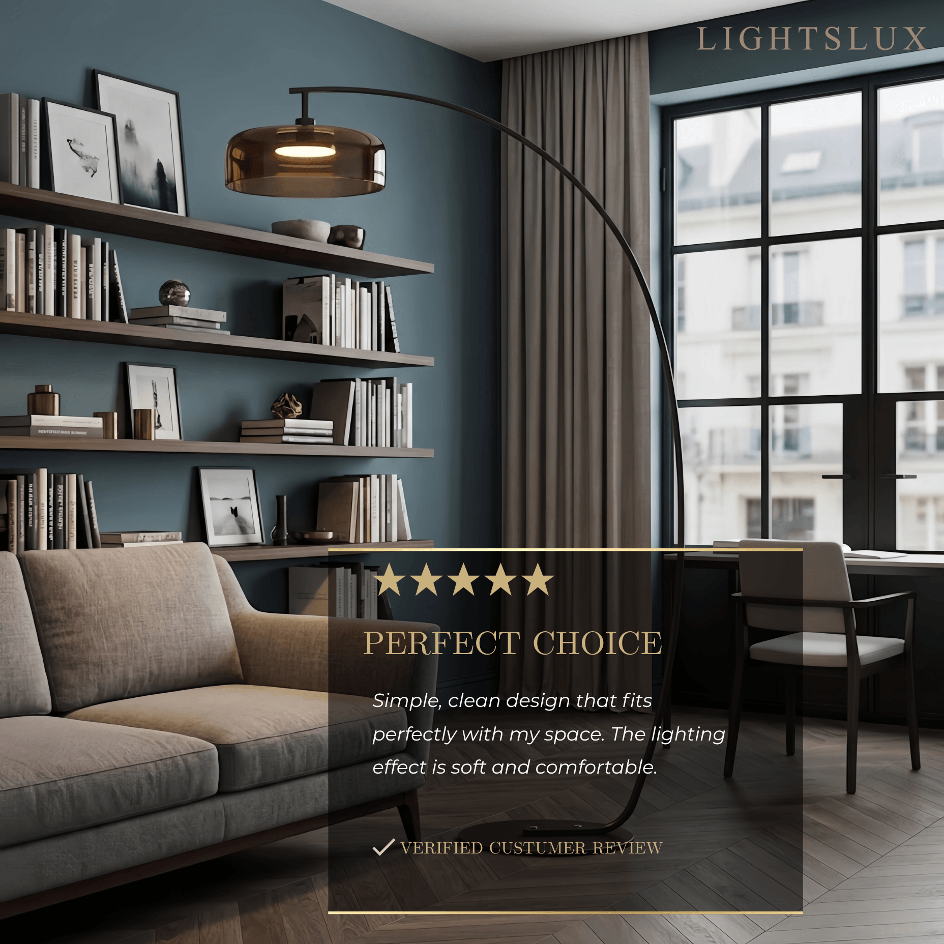 Modern Floor Lamp -- Iron & Glass Amber or Smoky Grey