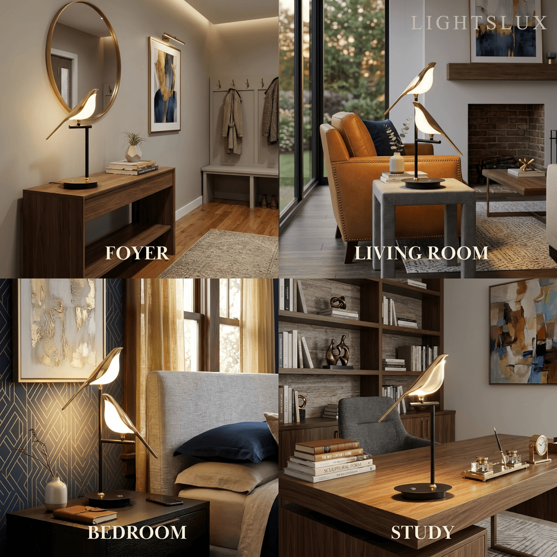 Modern Acrylic Bird Table Lamp -- Adjustable Black & Gold