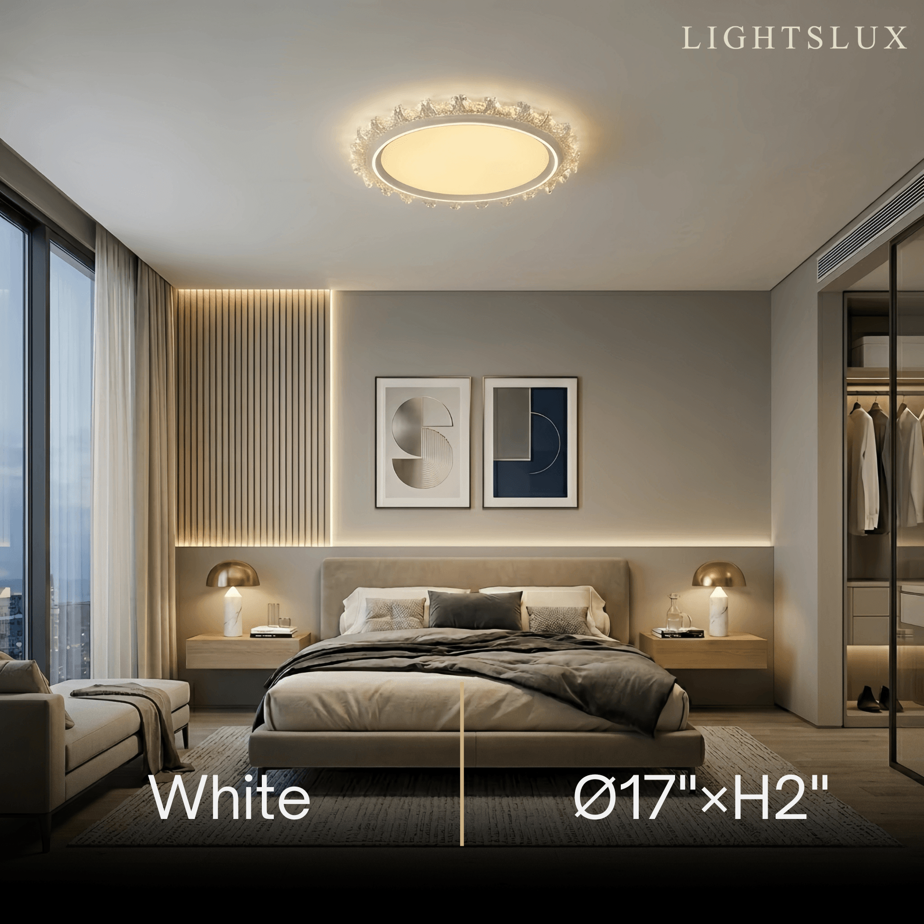 Vivara Modern Round Ceiling Light -- White or Walnut Acrylic & Metal for Bedroom