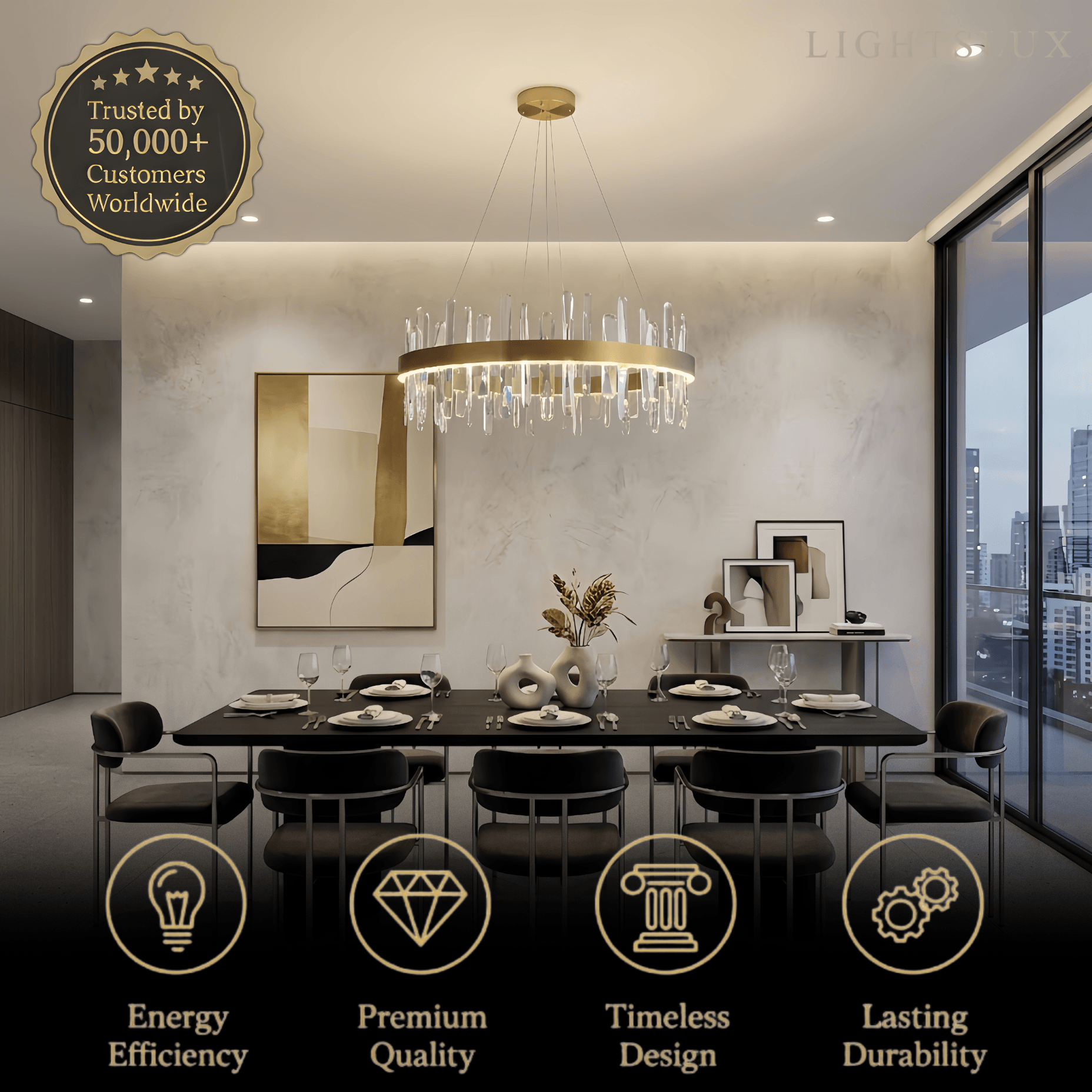 Excelis Luxury Round Crystal Chandelier – Gold Finish for Living Room/Dining Room