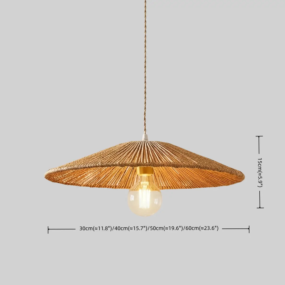 Bamburo Natural Japanese Style Rattan Pendant Light - Brown/Black Hemp Rope for Kitchen, Dining Room & Living Room