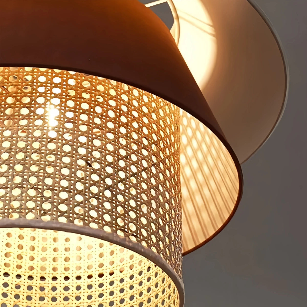Pendant Lamp – Wood & Rattan with Fabric Shade for Living Room
