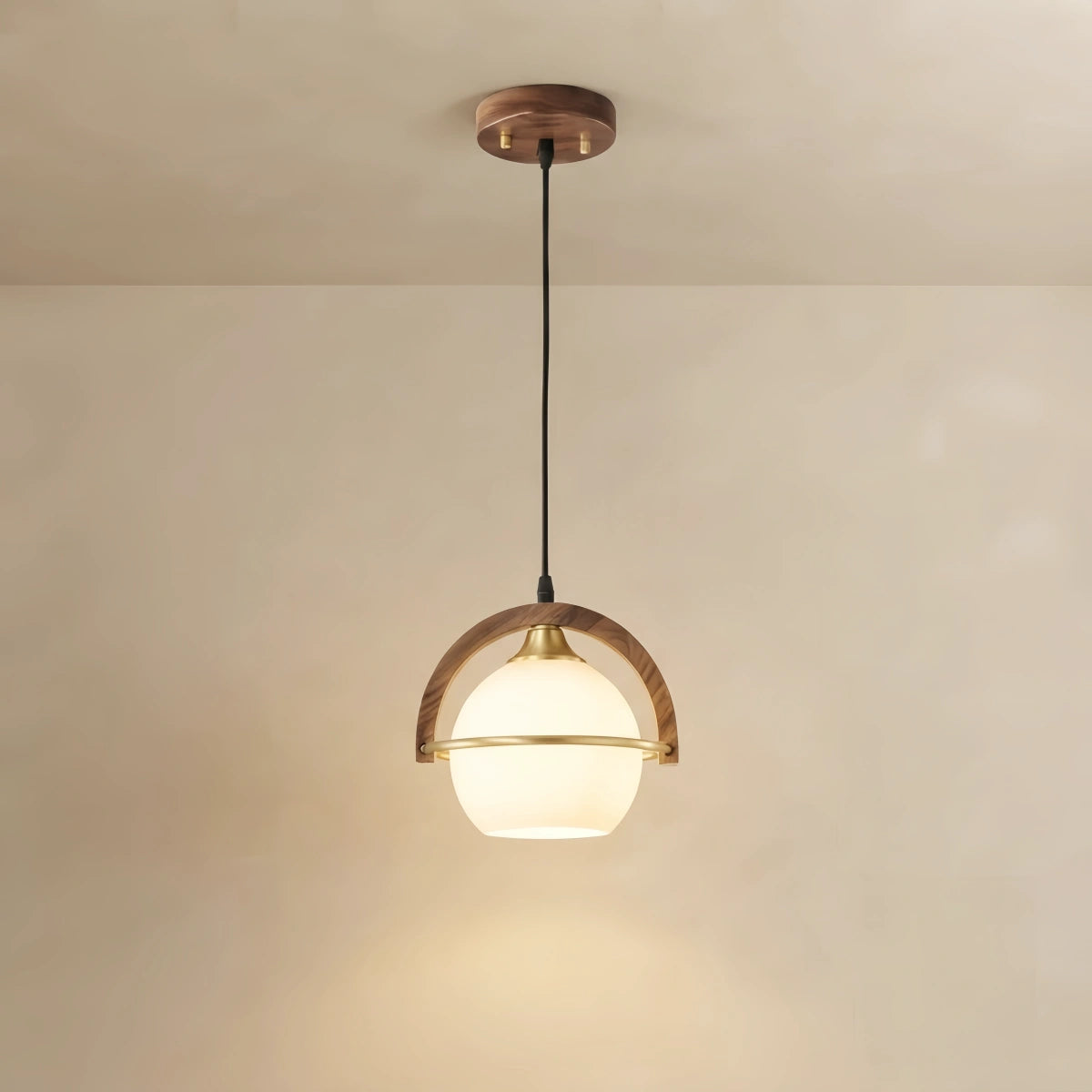Zenno Modern Pendant Light — Wood & Acrylic Sphere with Metal Frame Dining Room