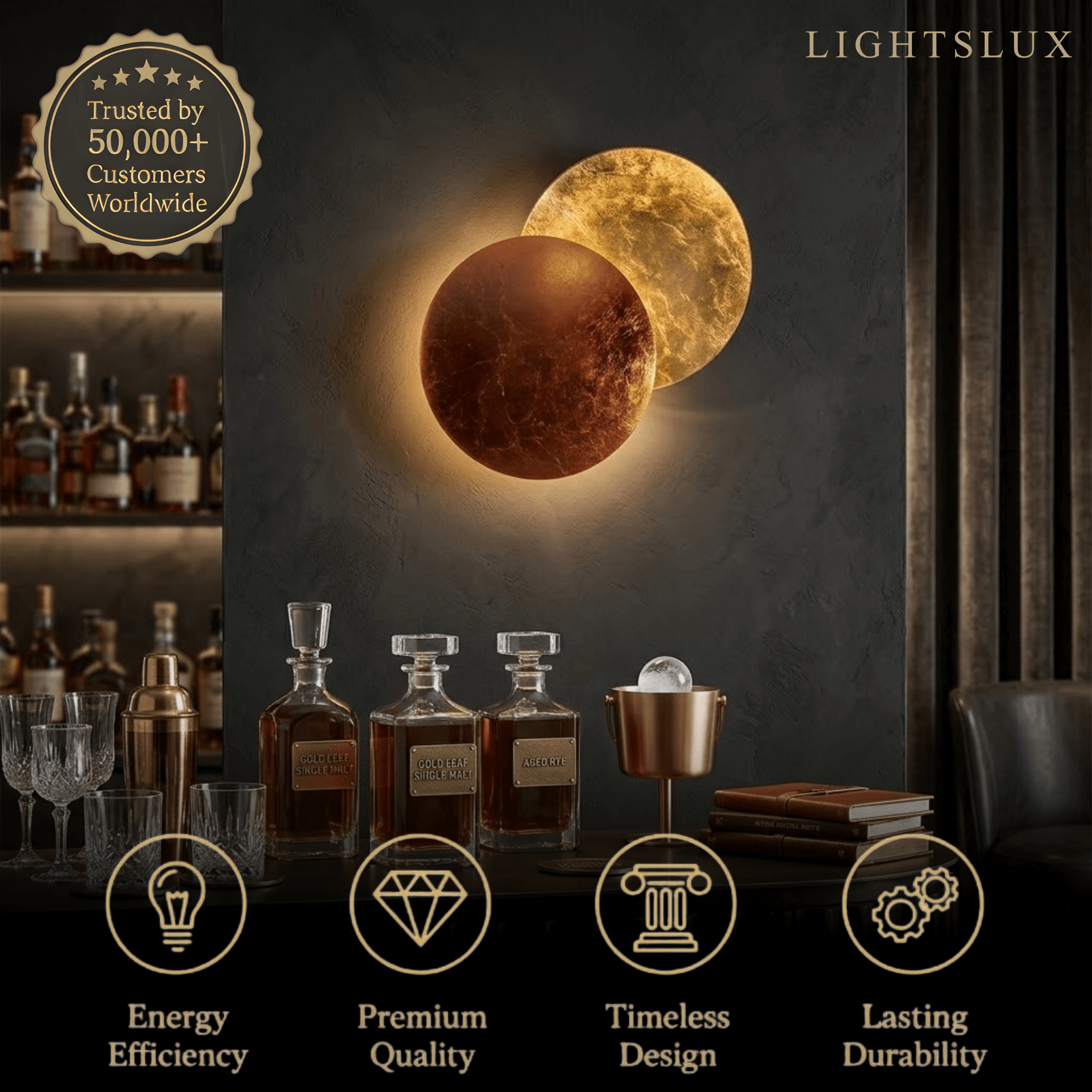Lunara Nordic Moon LED Wall Lamp – Metal Gold/Red Copper for Bedroom