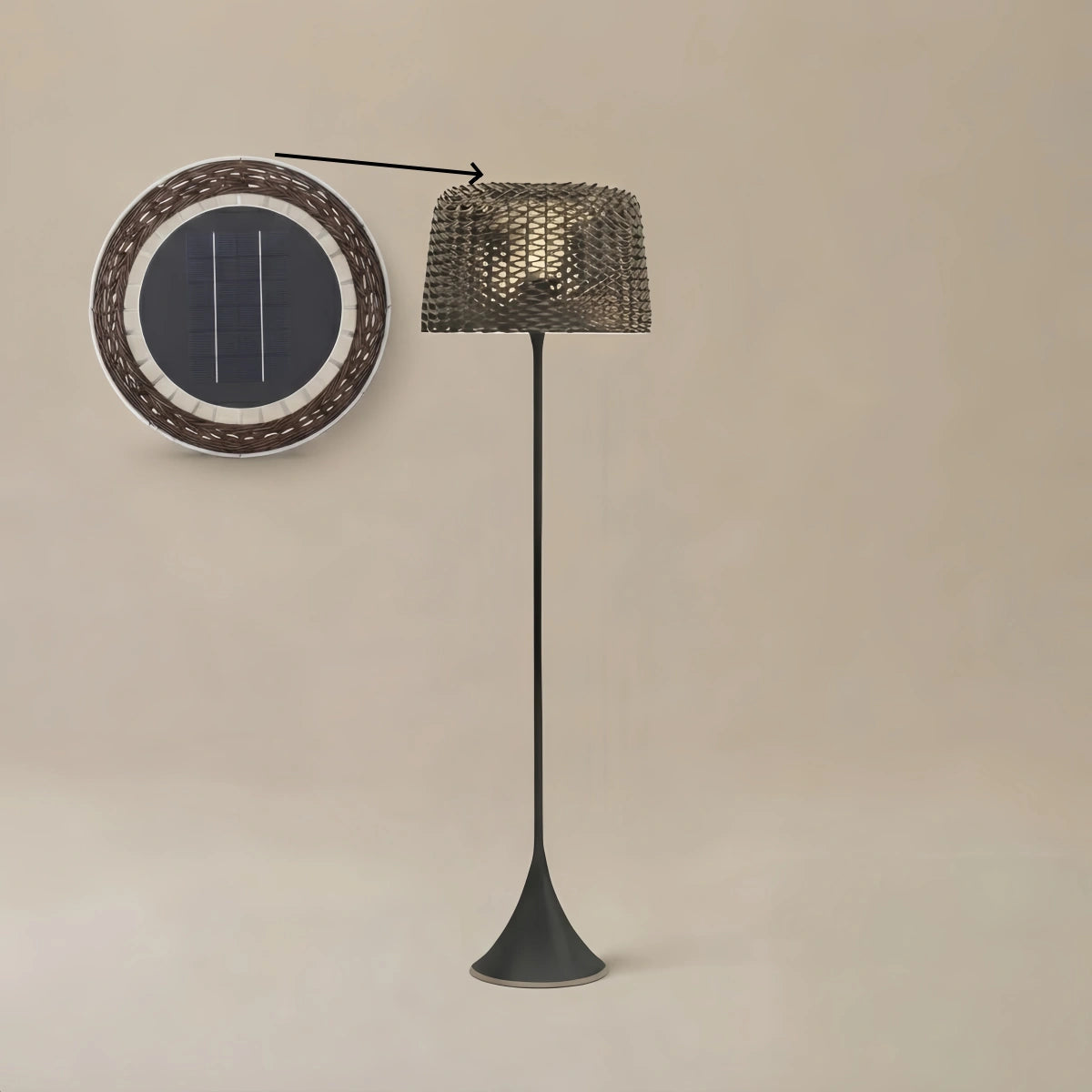 Bamburo Vintage Rattan Solar Outdoor Floor Lamp – Black Metal Hooded Terrace