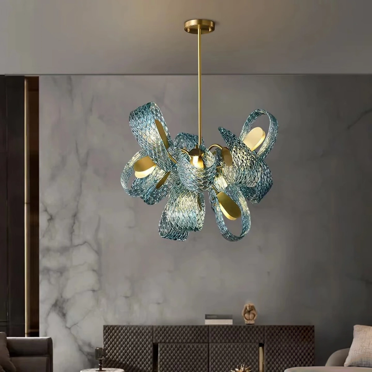 Art Deko Pfau Kronleuchter – Blaues Feder Kunstglas Zeitgenössisch für Esszimmer Schlafzimmer