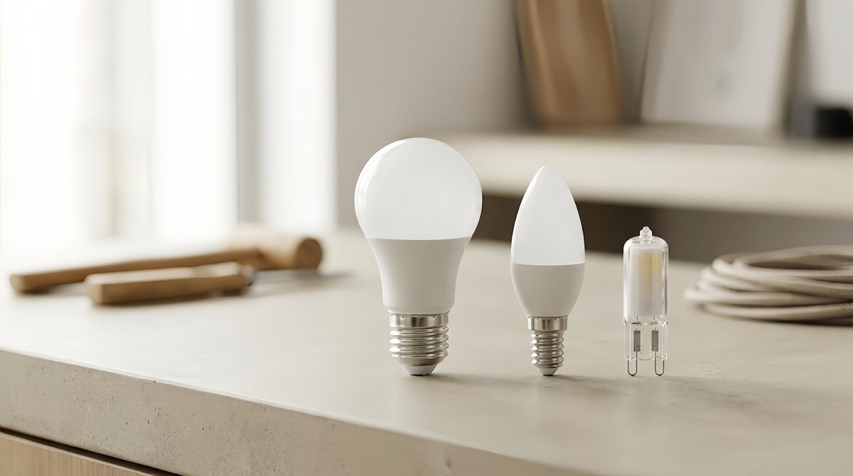 Common light bulb base types, including screw bases and pin bases.