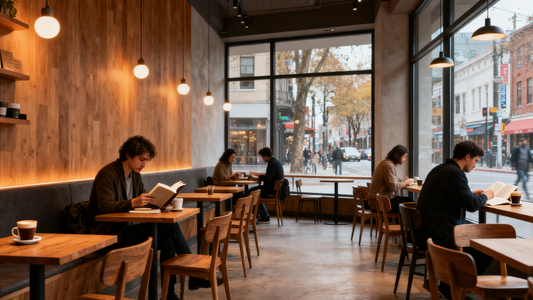 Commercial lighting design tips in a cozy cafe setting with customers reading and enjoying coffee.