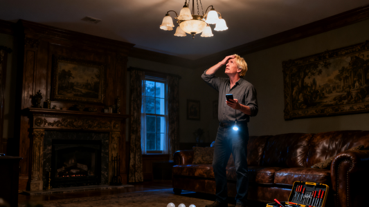 Man troubleshooting a light that suddenly stops working, using light troubleshooting safety tips.