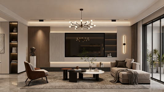 A stylish living room featuring a branch style chandelier, modern furniture, and elegant decor for contemporary aesthetics.