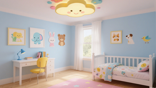A bright kids room showcasing a cute cloud ceiling light, perfect ceiling lights for kids rooms.