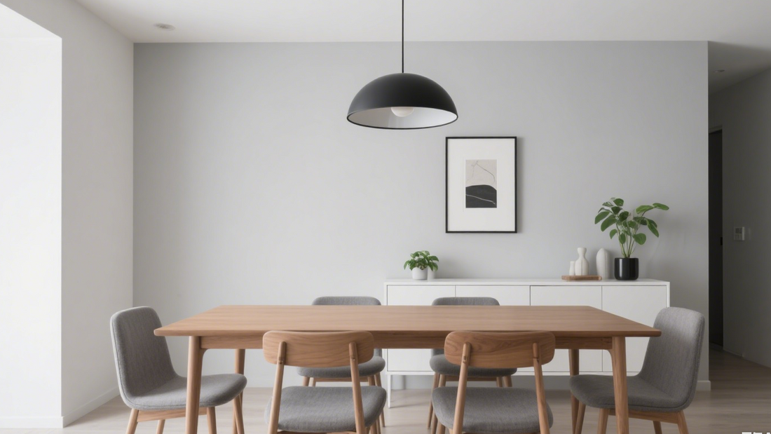 Modern home lighting solutions featuring a stylish black pendant lamp over a wooden dining table in a minimalist space.