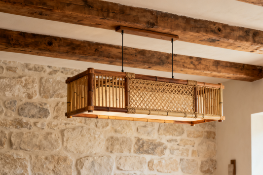 Farmhouse pendant lights hanging over a rustic kitchen, showcasing natural textures and warm tones.
